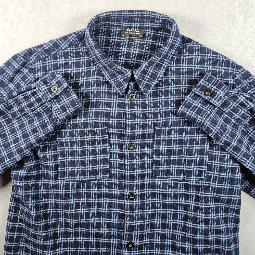 A.P.C. Joe Check Overshirt Mena XL Blue Plaid Wool Blend Flannel Button Up